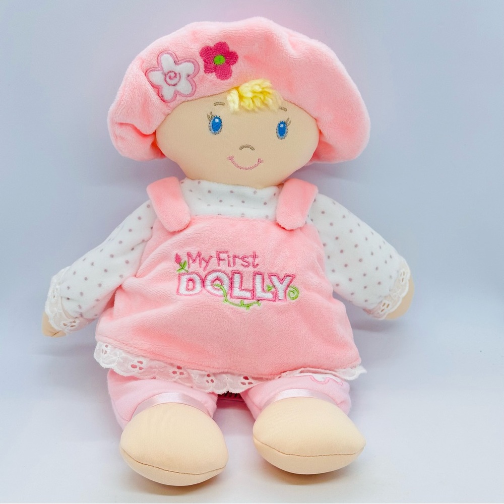 Baby Gund MY FIRST DOLLY Soft Plush Doll Pink Dress & Hat Blue Sewn Eyes 12” Toy